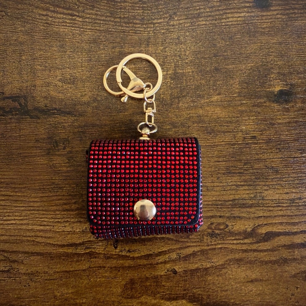 Red Rhinestone AirPod Case Sparkly Bling PU Leather Snap Keychain Gold Hardware
